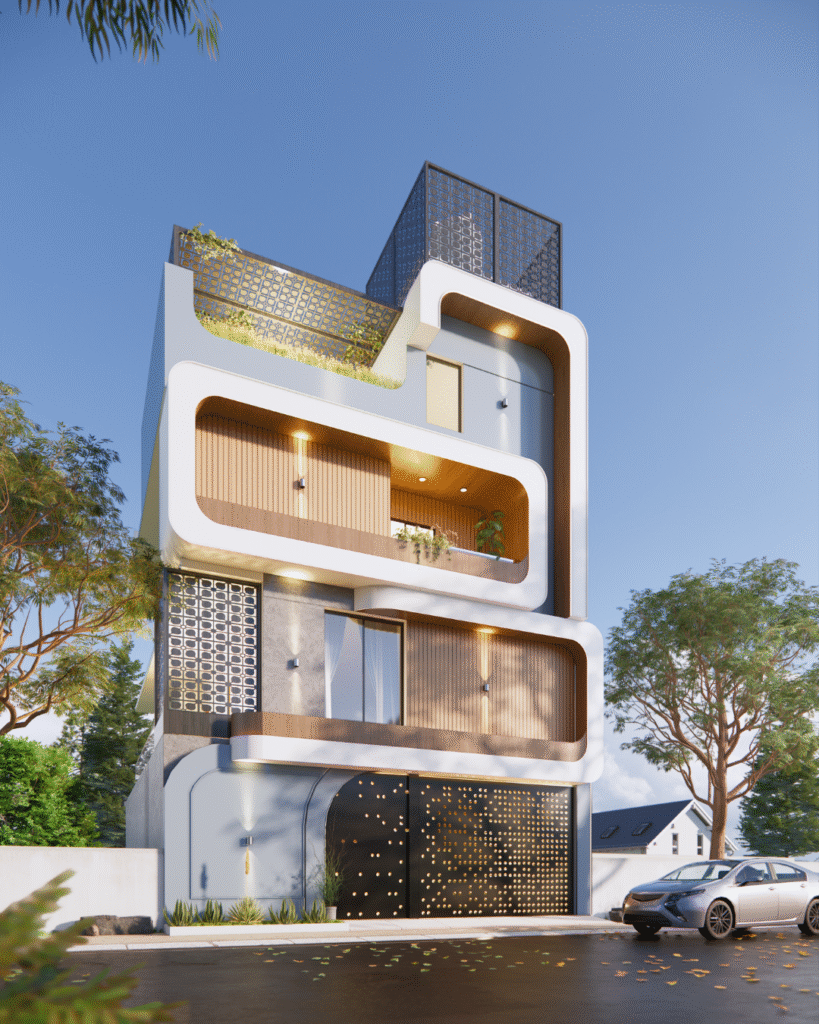 Minimalistic front elevation of a newly constructed home